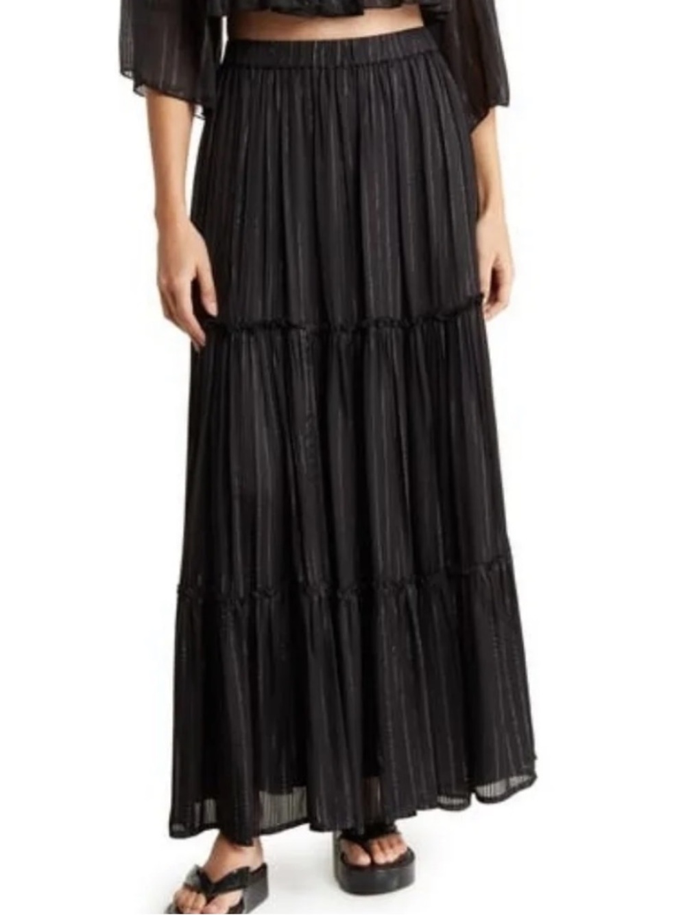 NSR Black Tiered Boho Maxi Skirt with Metallic Silver Thread W2508 Sz L